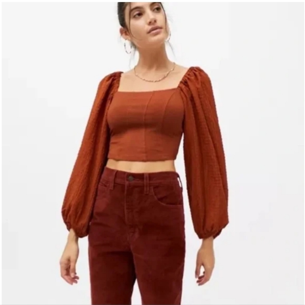 Urban Outfitters Brown Puff Sleeve Crop Blouse